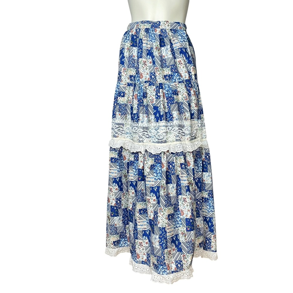 Vintage‎ Wrap Skirt Patchwork Print Handmade Blue White Maxi Boho Hippie Retro
